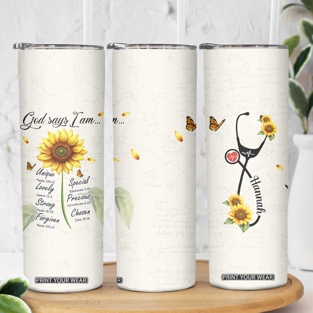Personalized Nurse Sunflower Skinny Tumbler Custom Name Rn Stethoscope Inspirational Christian Bible Verse Scripture TB02 Print Your Wear