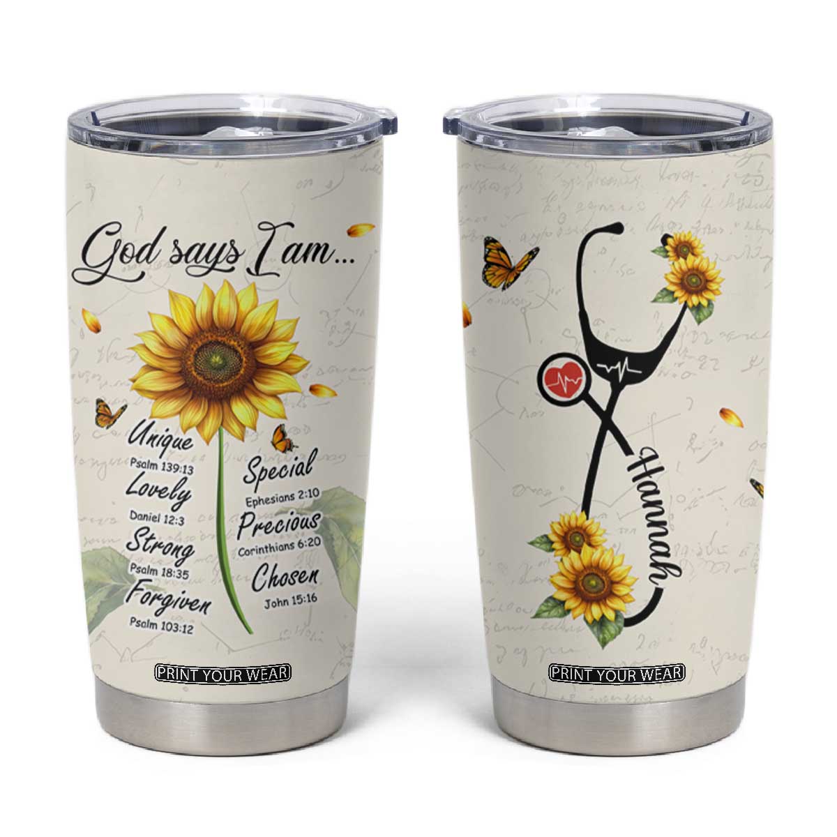 Personalized Nurse Sunflower Tumbler Cup Custom Name Rn Stethoscope Inspirational Christian Bible Verse Scripture TB02 White Print Your Wear