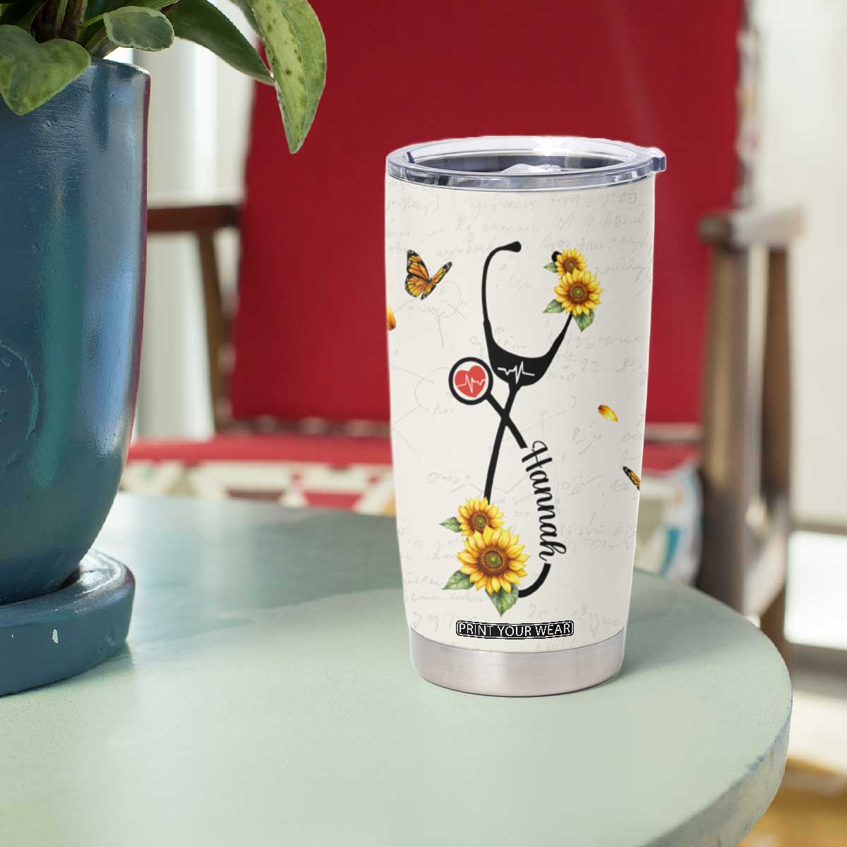 Personalized Nurse Sunflower Tumbler Cup Custom Name Rn Stethoscope Inspirational Christian Bible Verse Scripture TB02 Print Your Wear