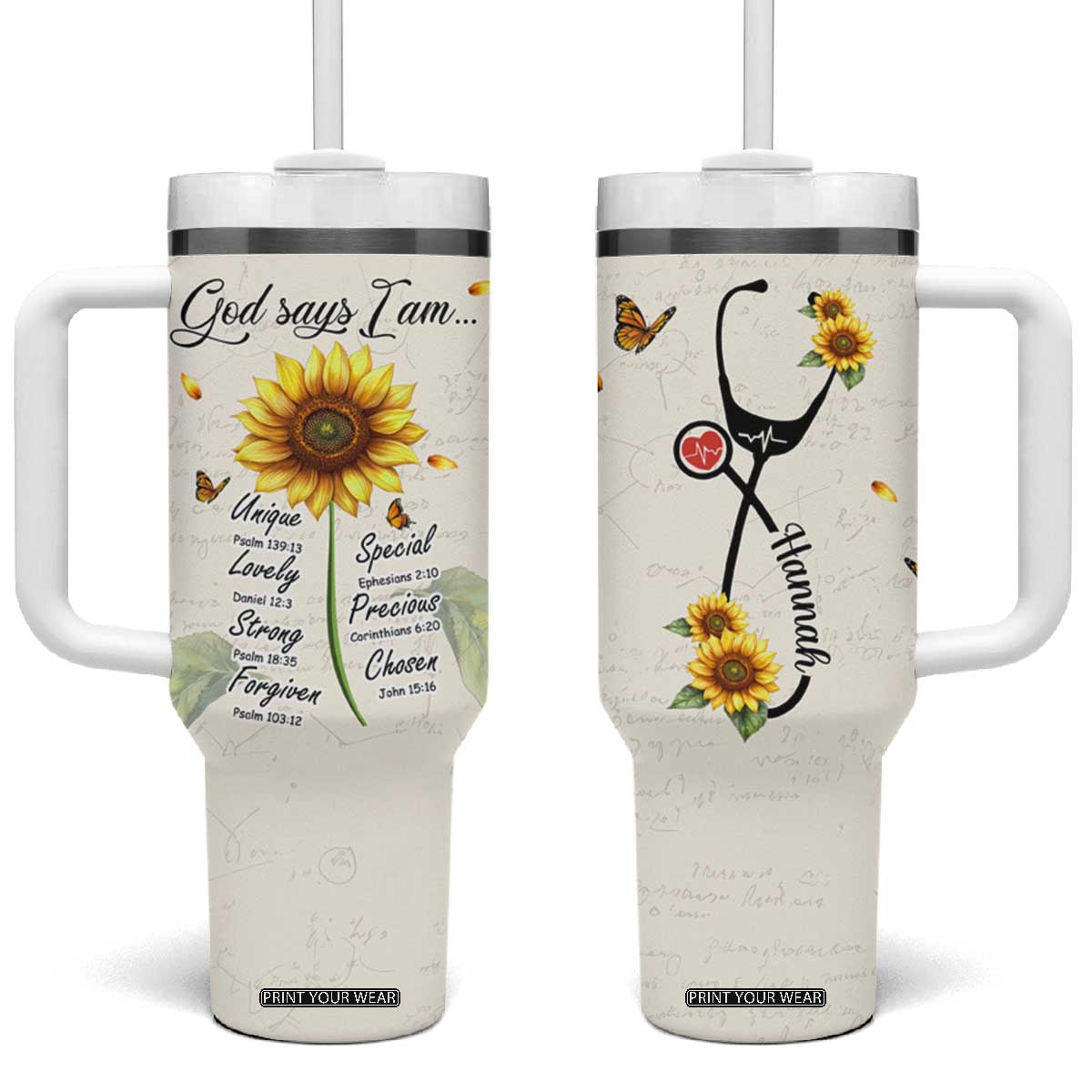 Personalized Nurse Sunflower Tumbler With Handle Custom Name Rn Stethoscope Inspirational Christian Bible Verse Scripture TB02 One Size: 40 oz White Print Your Wear
