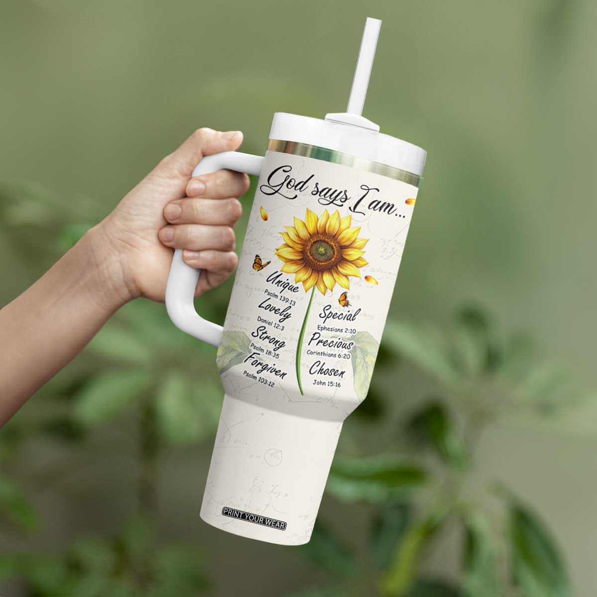 Personalized Nurse Sunflower Tumbler With Handle Custom Name Rn Stethoscope Inspirational Christian Bible Verse Scripture TB02 Print Your Wear