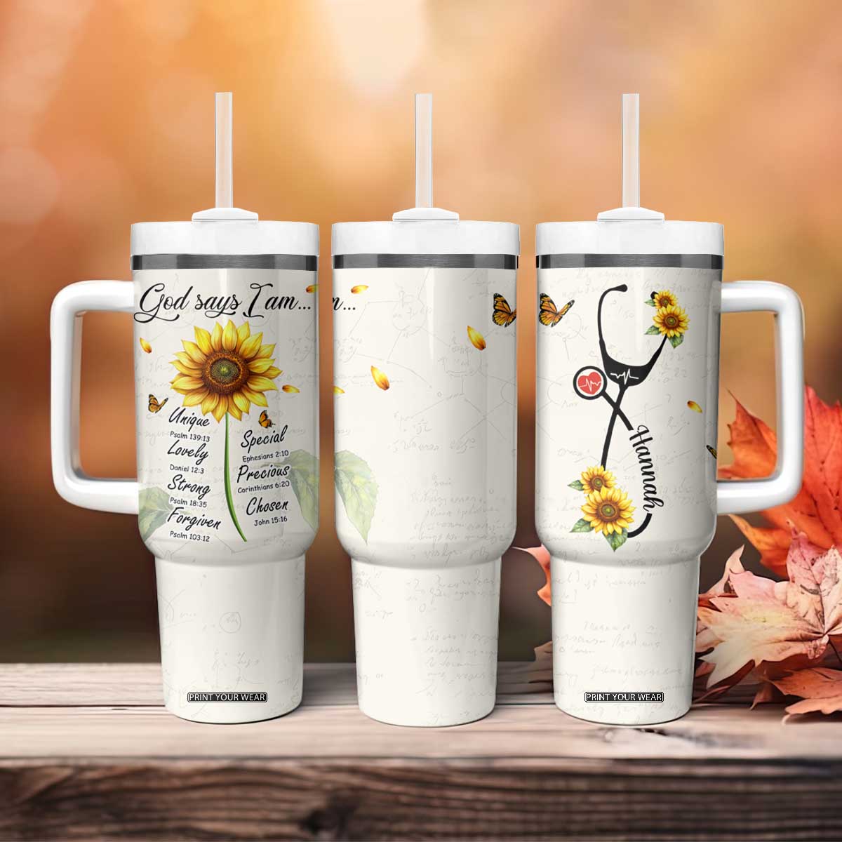 Personalized Nurse Sunflower Tumbler With Handle Custom Name Rn Stethoscope Inspirational Christian Bible Verse Scripture TB02 Print Your Wear