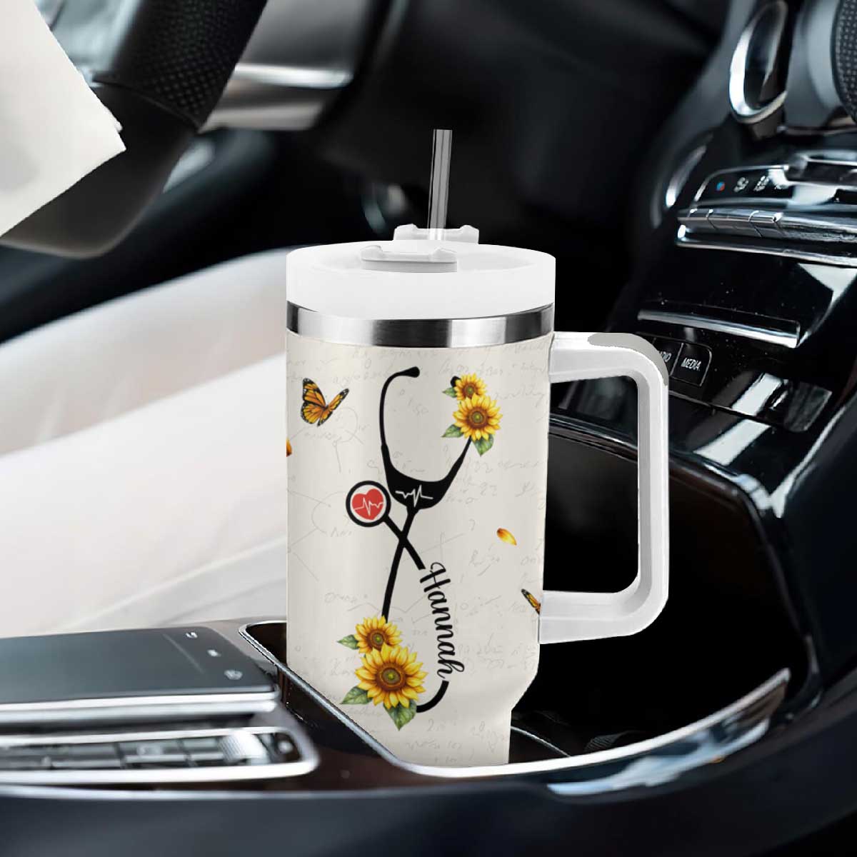 Personalized Nurse Sunflower Tumbler With Handle Custom Name Rn Stethoscope Inspirational Christian Bible Verse Scripture TB02 Print Your Wear