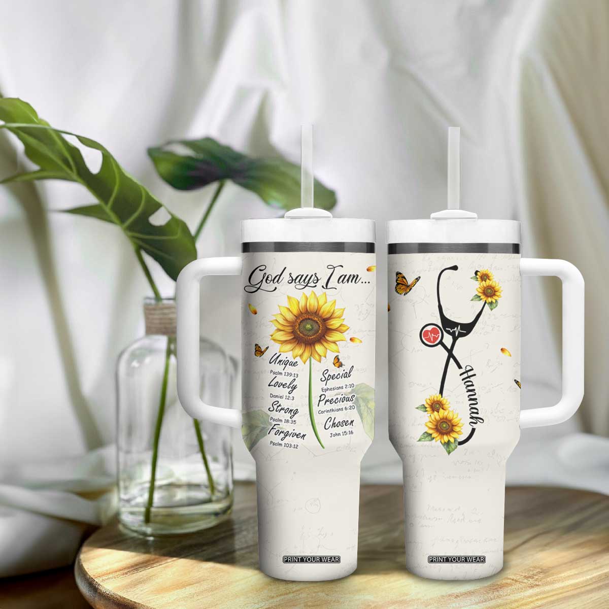 Personalized Nurse Sunflower Tumbler With Handle Custom Name Rn Stethoscope Inspirational Christian Bible Verse Scripture TB02 Print Your Wear