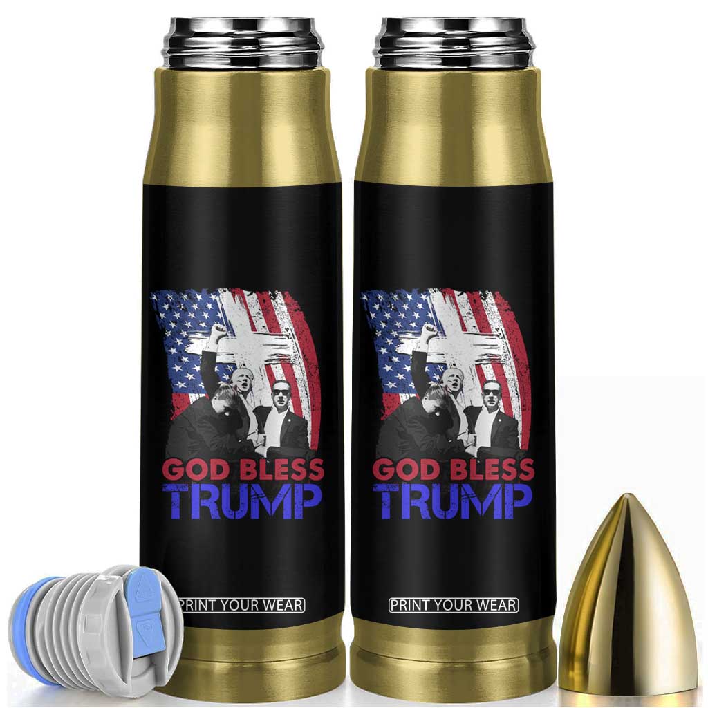 God Bless President Trump Bullet Tumbler Pennsylvania 2024 Raised Fist American Flag Cross TB02 Black Print Your Wear