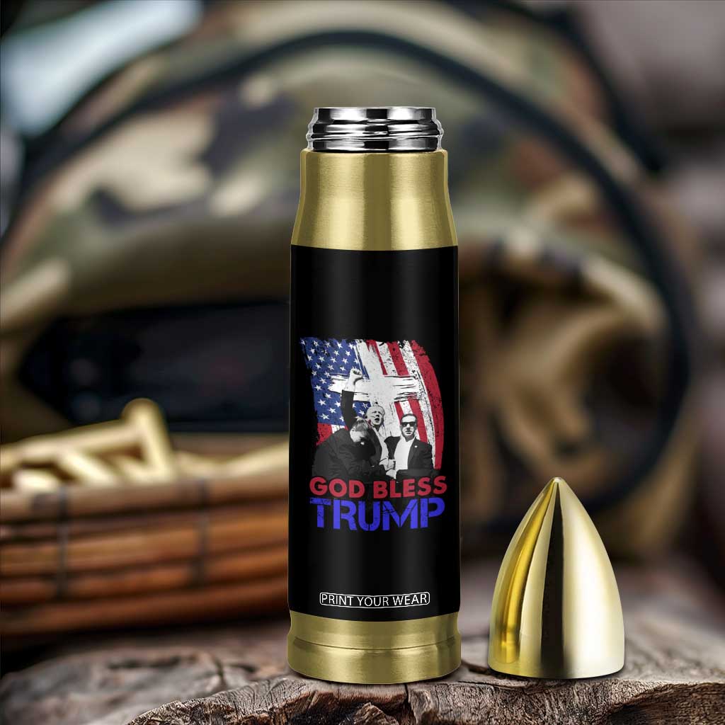 God Bless President Trump Bullet Tumbler Pennsylvania 2024 Raised Fist American Flag Cross TB02 Print Your Wear