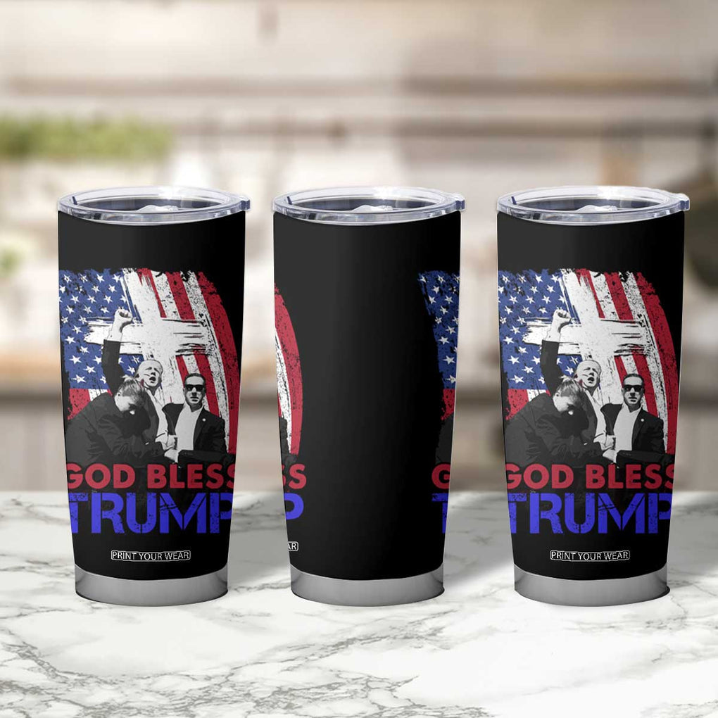 God Bless President Trump Tumbler Cup Pennsylvania 2024 Raised Fist American Flag Cross TB02 Print Your Wear