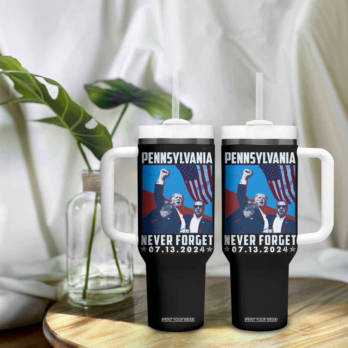 Trump Raised Fist Tumbler With Handle Butler Pennsylvania Never Forget July 13 2024 TB02 Print Your Wear