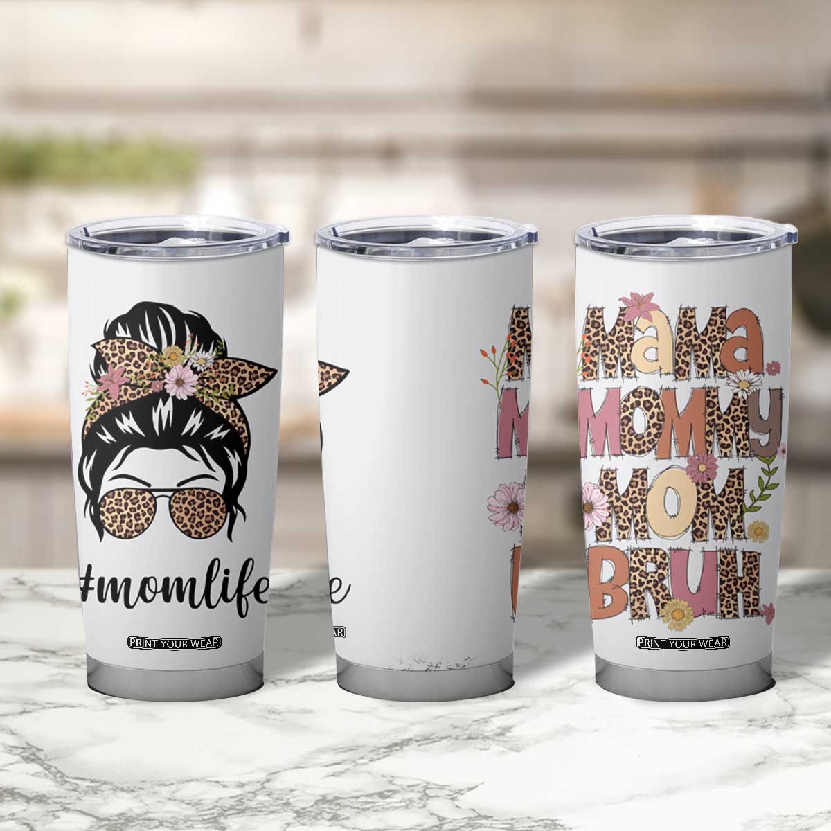 Funny Mom Life Tumbler Cup Mama Mommy Mom Bruh Leopard Messy Bun TB02 Print Your Wear