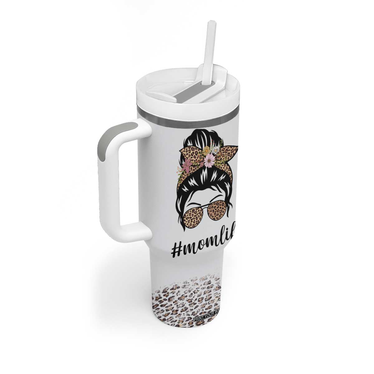 Funny Mom Life Tumbler With Handle Mama Mommy Mom Bruh Leopard Messy Bun TB02 Print Your Wear