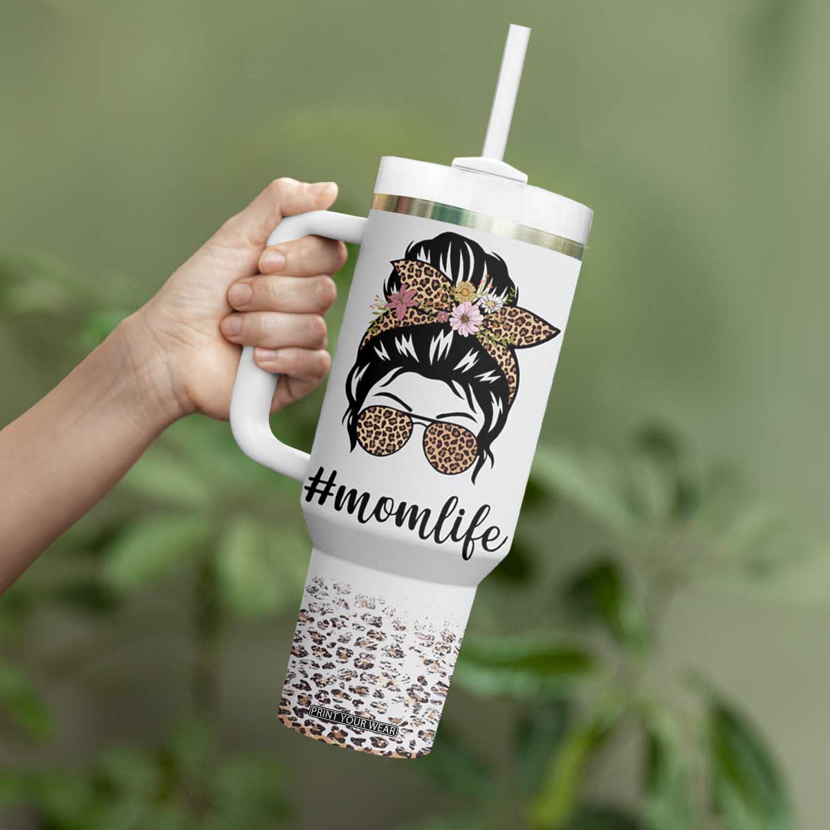 Funny Mom Life Tumbler With Handle Mama Mommy Mom Bruh Leopard Messy Bun TB02 Print Your Wear