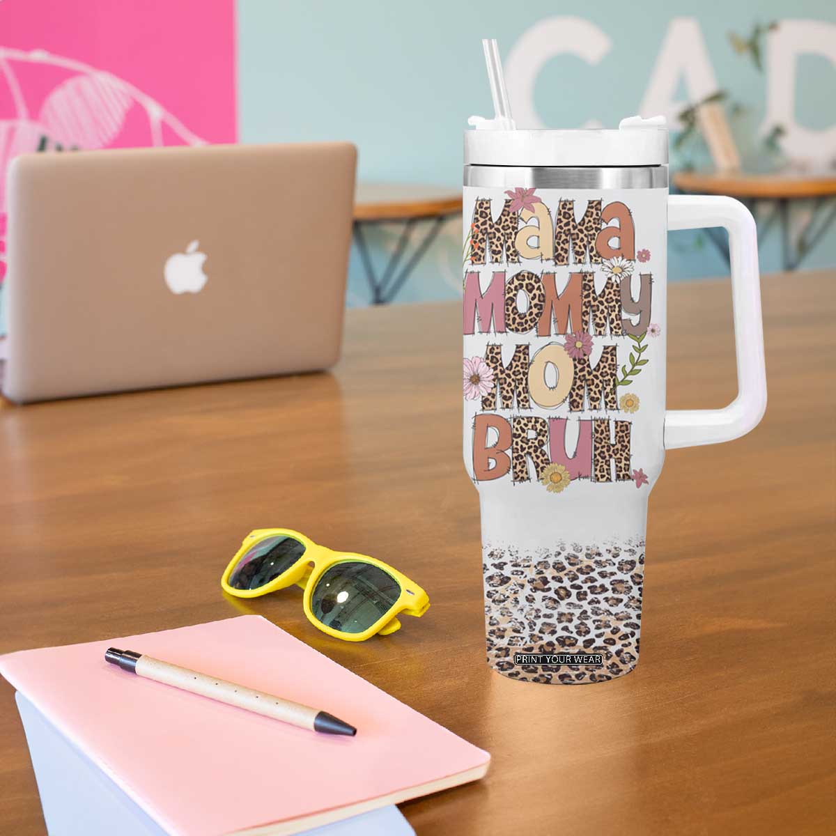 Funny Mom Life Tumbler With Handle Mama Mommy Mom Bruh Leopard Messy Bun TB02 Print Your Wear