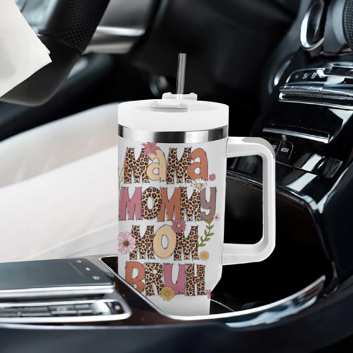 Funny Mom Life Tumbler With Handle Mama Mommy Mom Bruh Leopard Messy Bun TB02 Print Your Wear