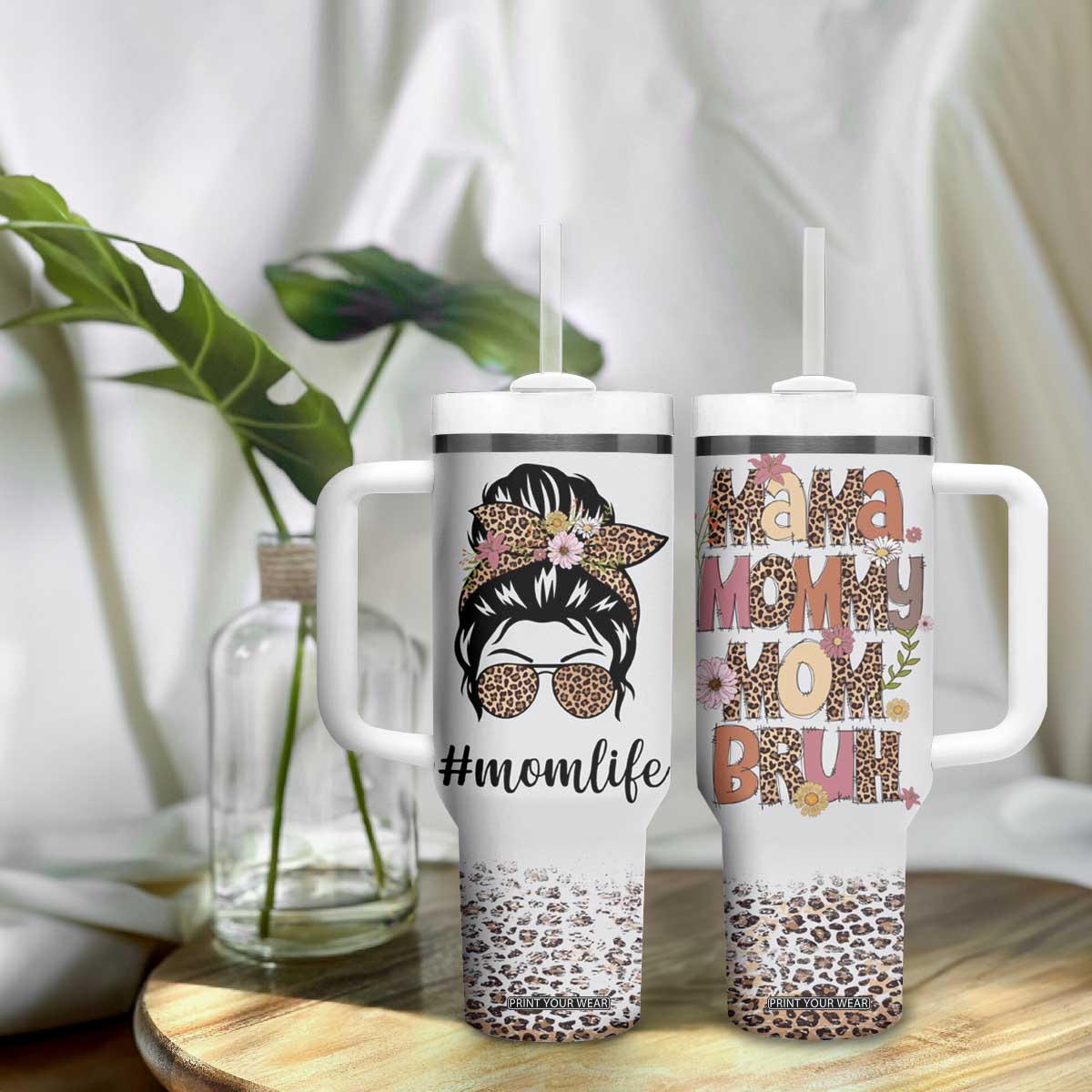 Funny Mom Life Tumbler With Handle Mama Mommy Mom Bruh Leopard Messy Bun TB02 Print Your Wear