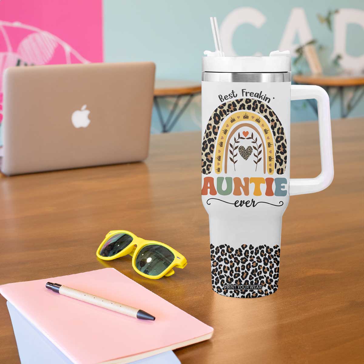 Best Freakin Auntie Ever Tumbler With Handle Funny Aunt Reminder You're Awesome Leopard Rainbow TB02 Print Your Wear