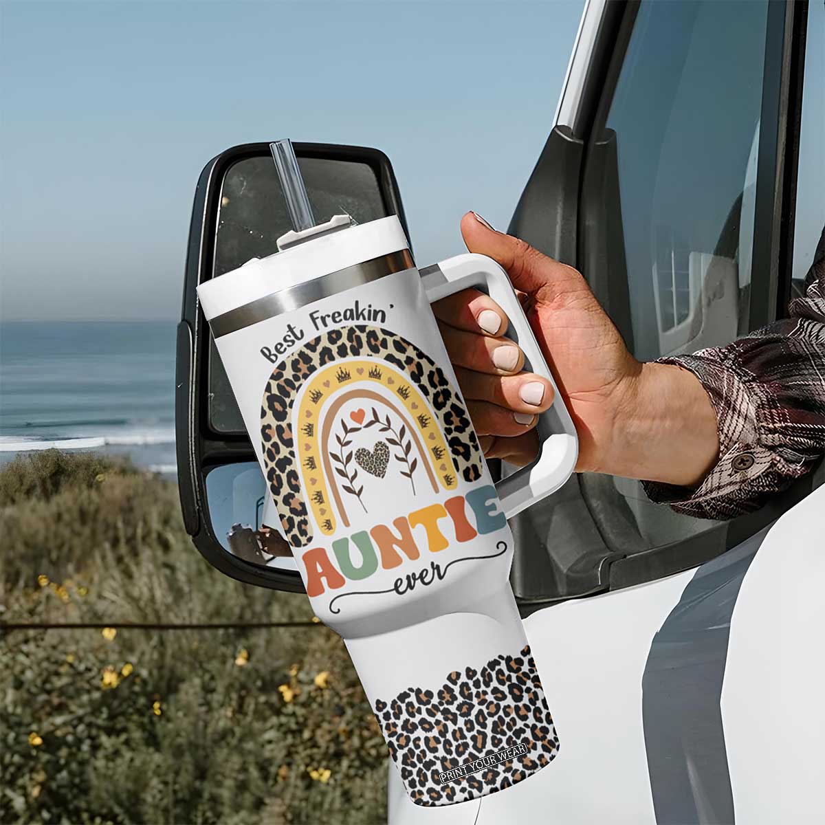 Best Freakin Auntie Ever Tumbler With Handle Funny Aunt Reminder You're Awesome Leopard Rainbow TB02 Print Your Wear