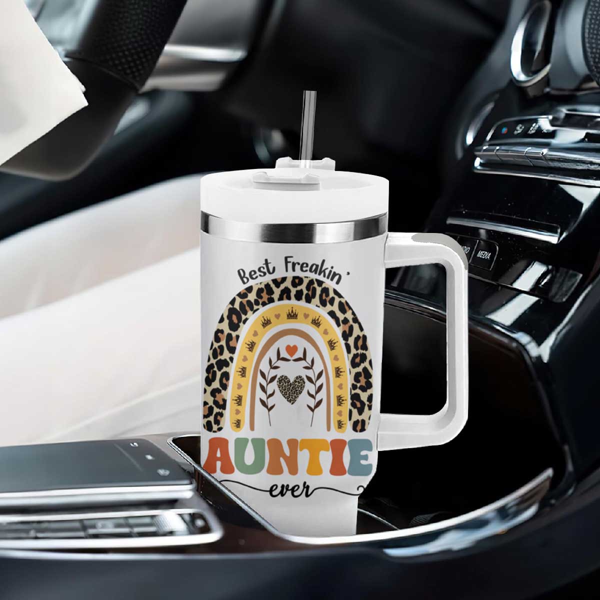 Best Freakin Auntie Ever Tumbler With Handle Funny Aunt Reminder You're Awesome Leopard Rainbow TB02 Print Your Wear