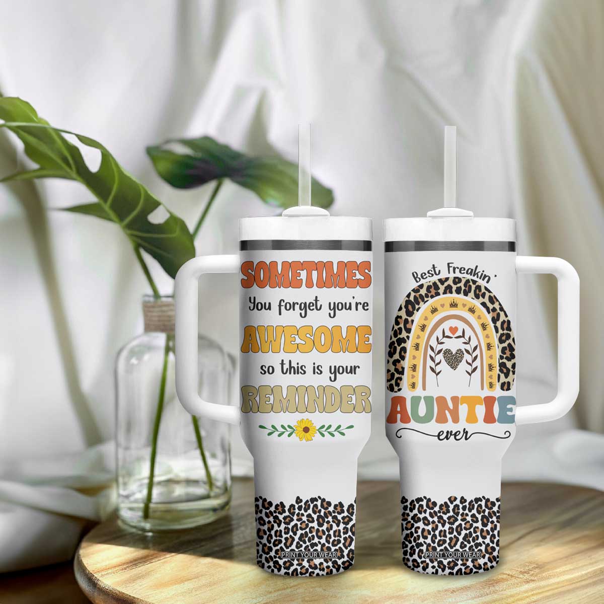 Best Freakin Auntie Ever Tumbler With Handle Funny Aunt Reminder You're Awesome Leopard Rainbow TB02 Print Your Wear