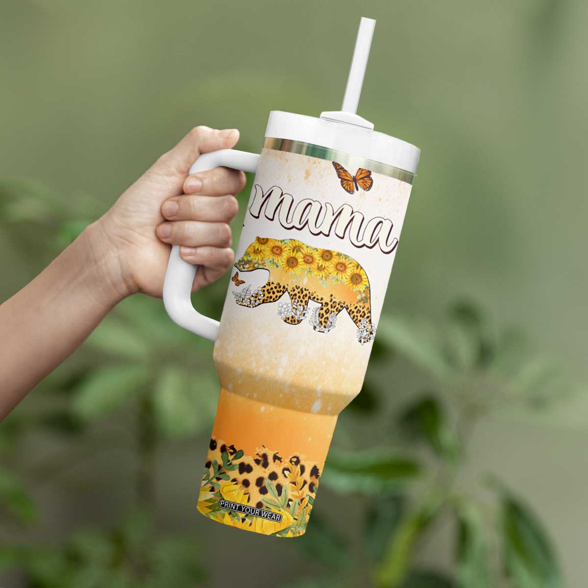 Mama Bear Floral Sunflower Tumbler With Handle Tough As A Mother Botanical Garden Uplifting Gift TB02 Print Your Wear