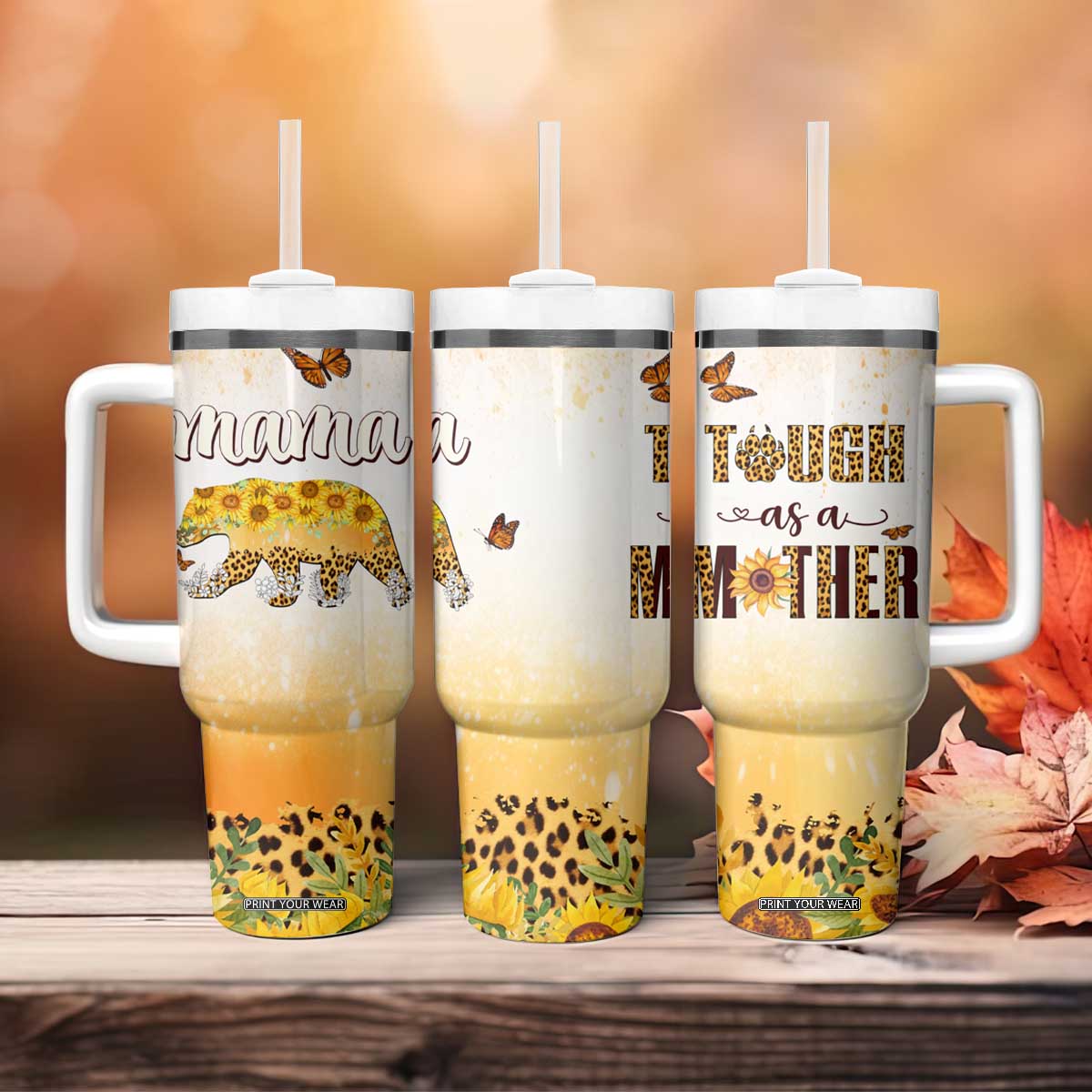 Mama Bear Floral Sunflower Tumbler With Handle Tough As A Mother Botanical Garden Uplifting Gift TB02 Print Your Wear