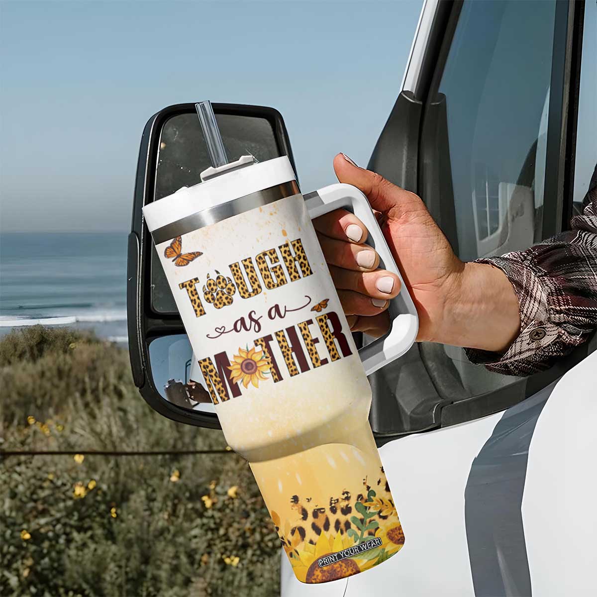 Mama Bear Floral Sunflower Tumbler With Handle Tough As A Mother Botanical Garden Uplifting Gift TB02 Print Your Wear