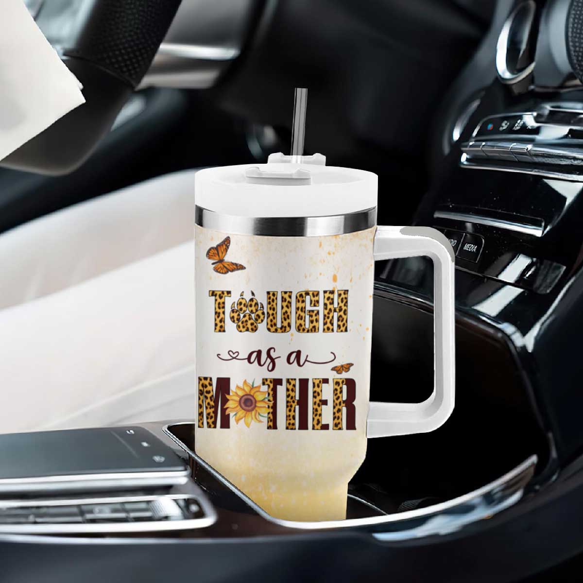 Mama Bear Floral Sunflower Tumbler With Handle Tough As A Mother Botanical Garden Uplifting Gift TB02 Print Your Wear