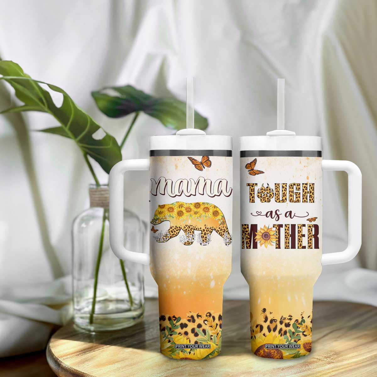 Mama Bear Floral Sunflower Tumbler With Handle Tough As A Mother Botanical Garden Uplifting Gift TB02 Print Your Wear