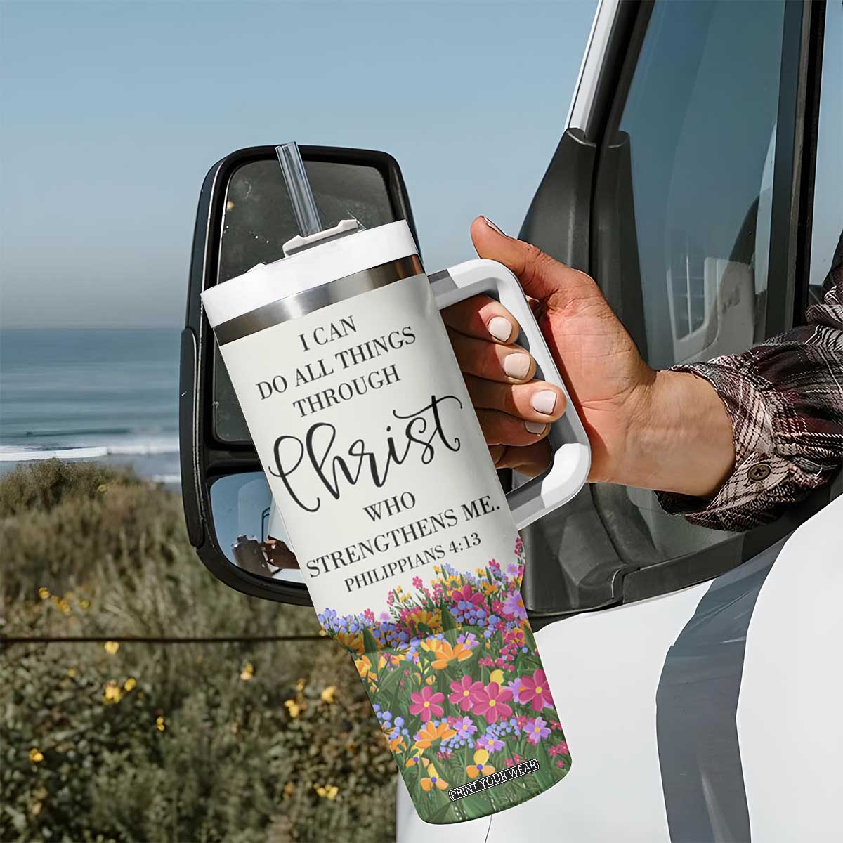 Uplifting Christian Faith Tumbler With Handle I Can Do All Things Through Christ Who Strengthans Me Bible Verse Motivation TB02 Print Your Wear