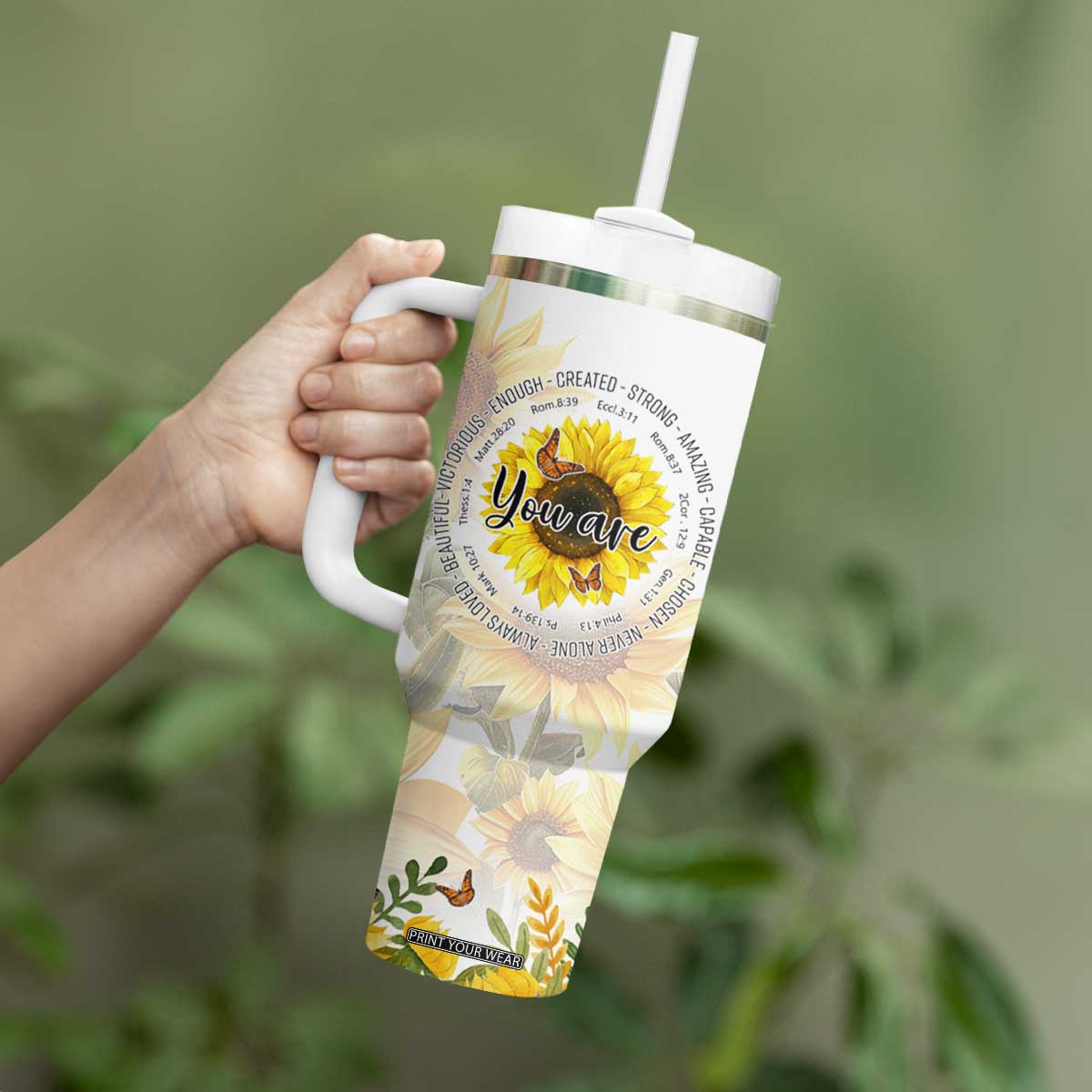 Uplifting Christian Faith Sunflower Tumbler With Handle You Are Motivational Bible Verse TB02 Print Your Wear