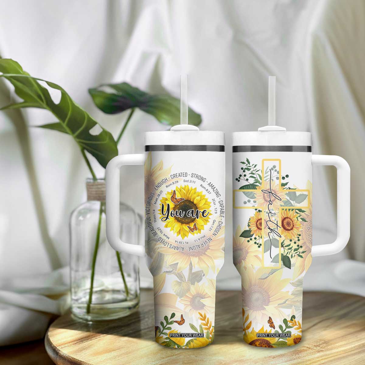 Uplifting Christian Faith Sunflower Tumbler With Handle You Are Motivational Bible Verse TB02 Print Your Wear
