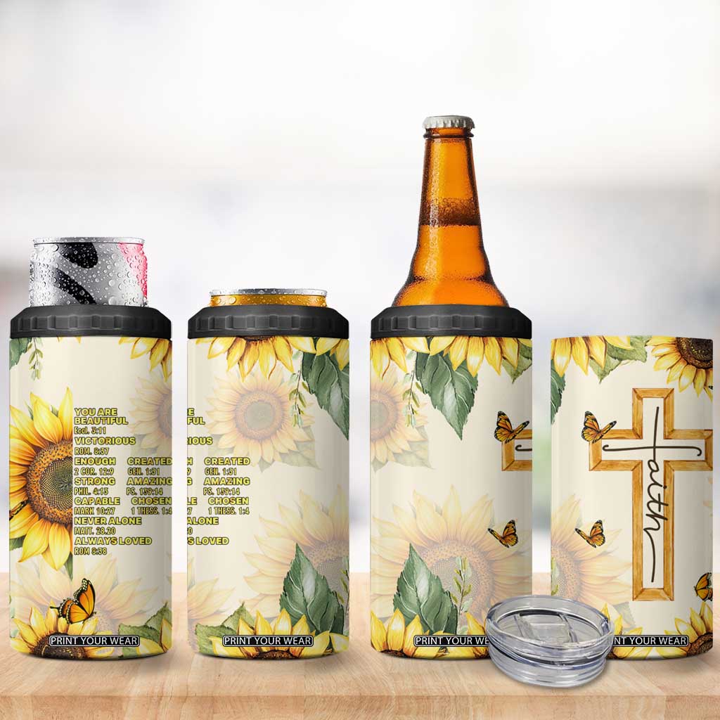 Uplifting Christian Faith Sunflower 4 in 1 Can Cooler Tumbler Bible Verse Affirmations Botanical TB02 Print Your Wear