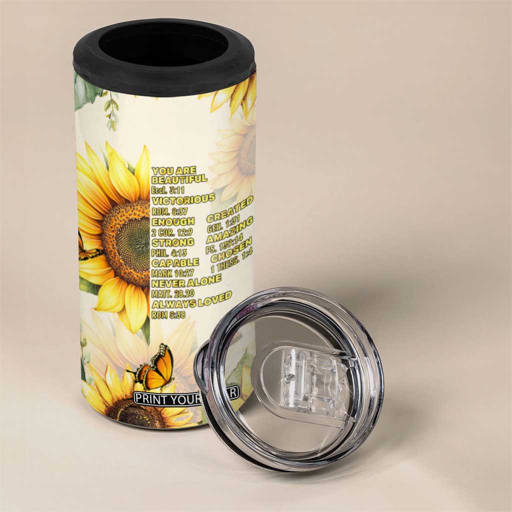 Uplifting Christian Faith Sunflower 4 in 1 Can Cooler Tumbler Bible Verse Affirmations Botanical TB02 Print Your Wear
