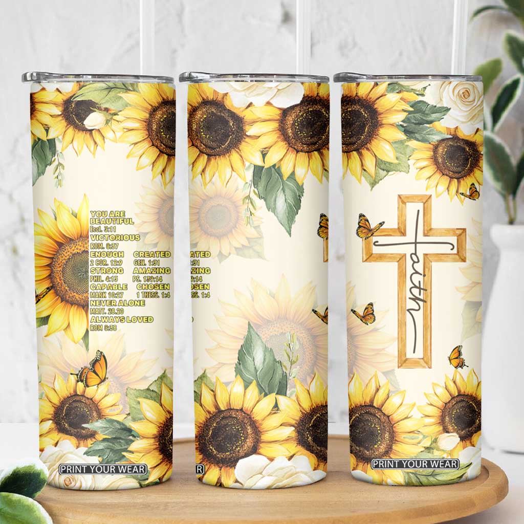Uplifting Christian Faith Sunflower Skinny Tumbler Bible Verse Affirmations Botanical TB02 Print Your Wear