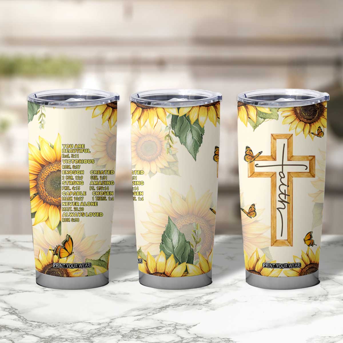Uplifting Christian Faith Sunflower Tumbler Cup Bible Verse Affirmations Botanical TB02 Print Your Wear