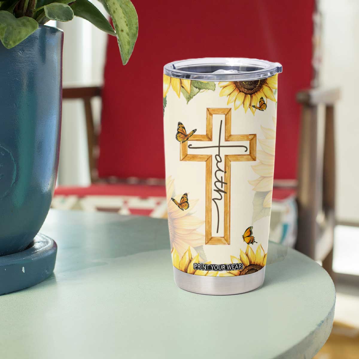 Uplifting Christian Faith Sunflower Tumbler Cup Bible Verse Affirmations Botanical TB02 Print Your Wear