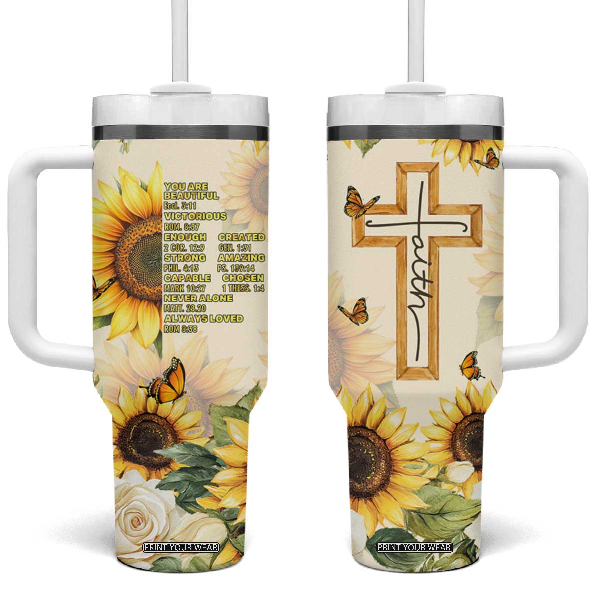 Uplifting Christian Faith Sunflower Tumbler With Handle Bible Verse Affirmations Botanical TB02 One Size: 40 oz Butter Print Your Wear
