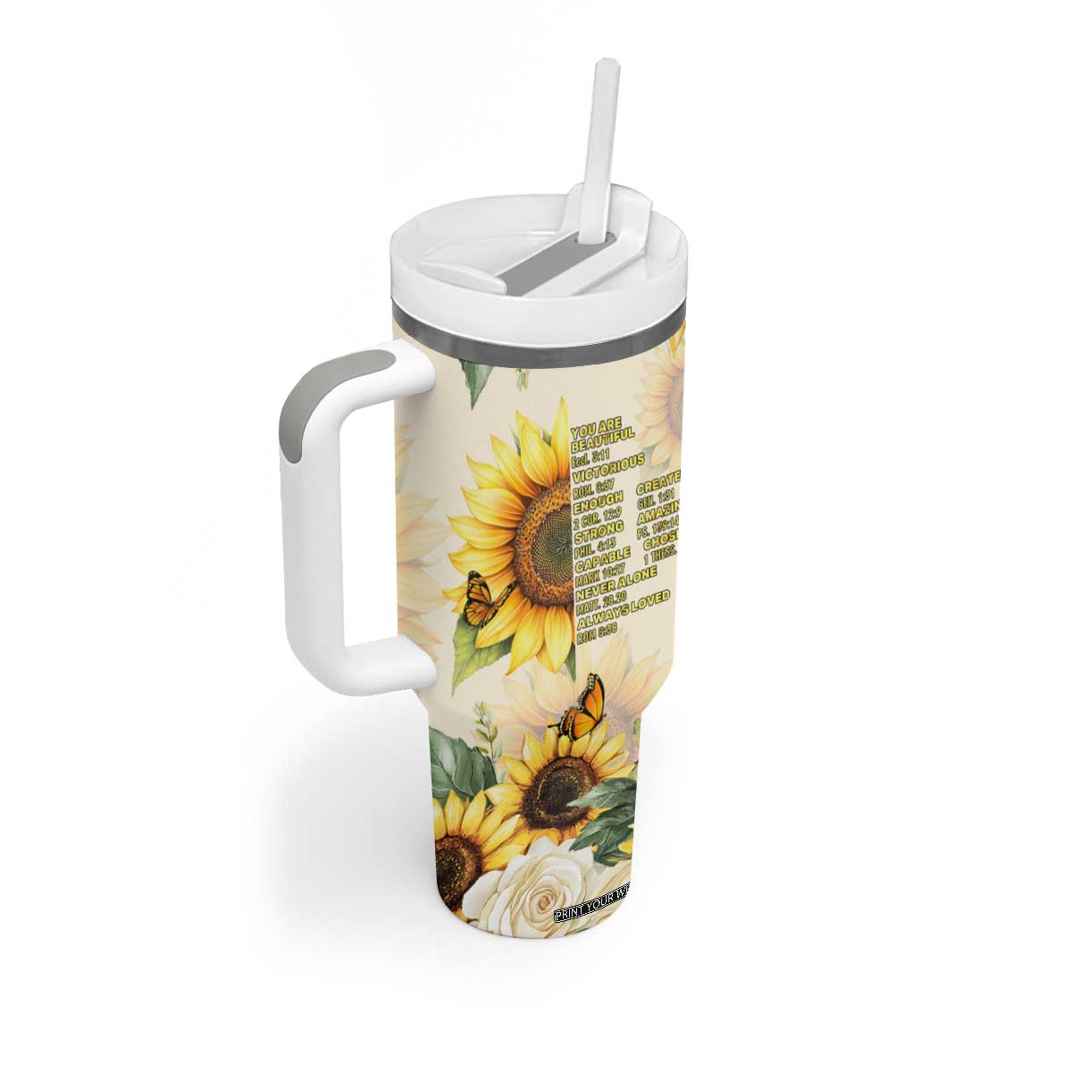 Uplifting Christian Faith Sunflower Tumbler With Handle Bible Verse Affirmations Botanical TB02 Print Your Wear