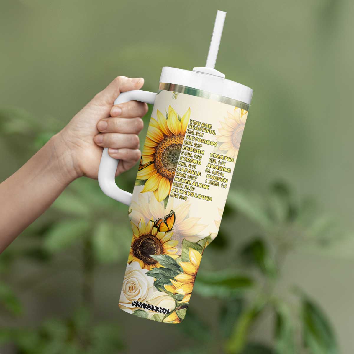 Uplifting Christian Faith Sunflower Tumbler With Handle Bible Verse Affirmations Botanical TB02 Print Your Wear
