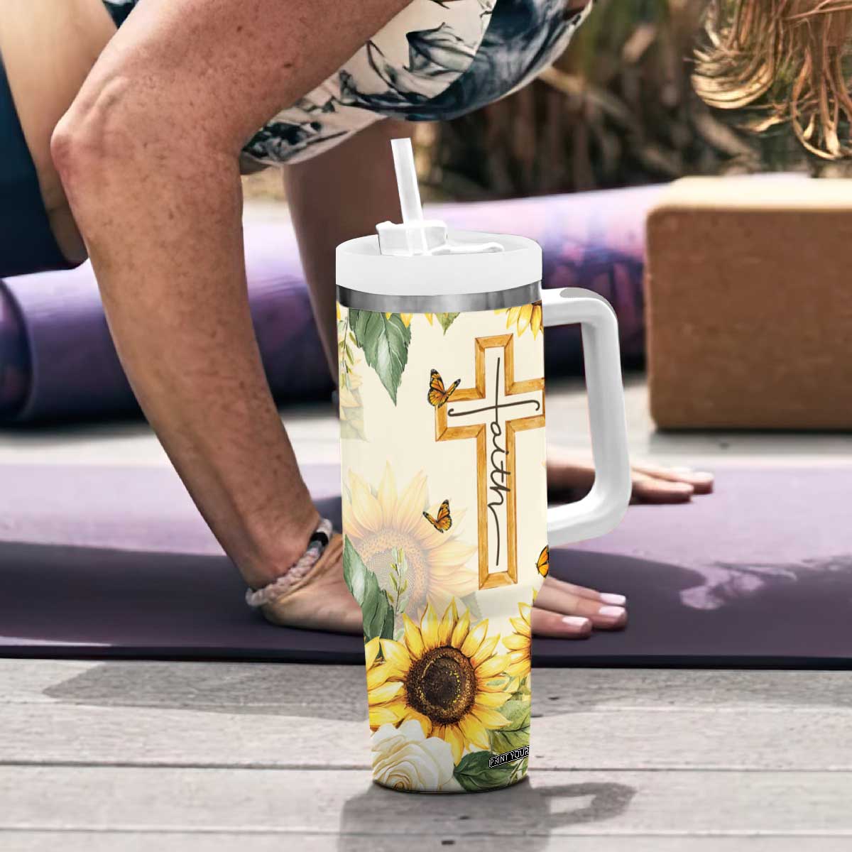 Uplifting Christian Faith Sunflower Tumbler With Handle Bible Verse Affirmations Botanical TB02 Print Your Wear