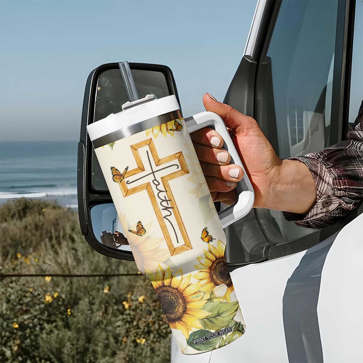 Uplifting Christian Faith Sunflower Tumbler With Handle Bible Verse Affirmations Botanical TB02 Print Your Wear