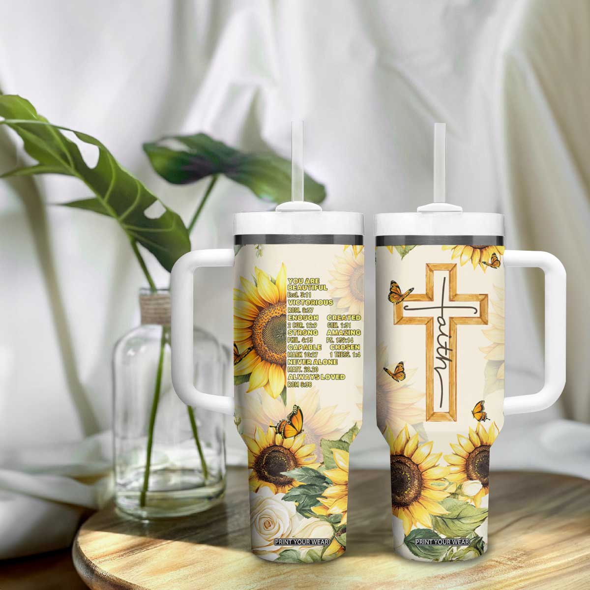 Uplifting Christian Faith Sunflower Tumbler With Handle Bible Verse Affirmations Botanical TB02 Print Your Wear