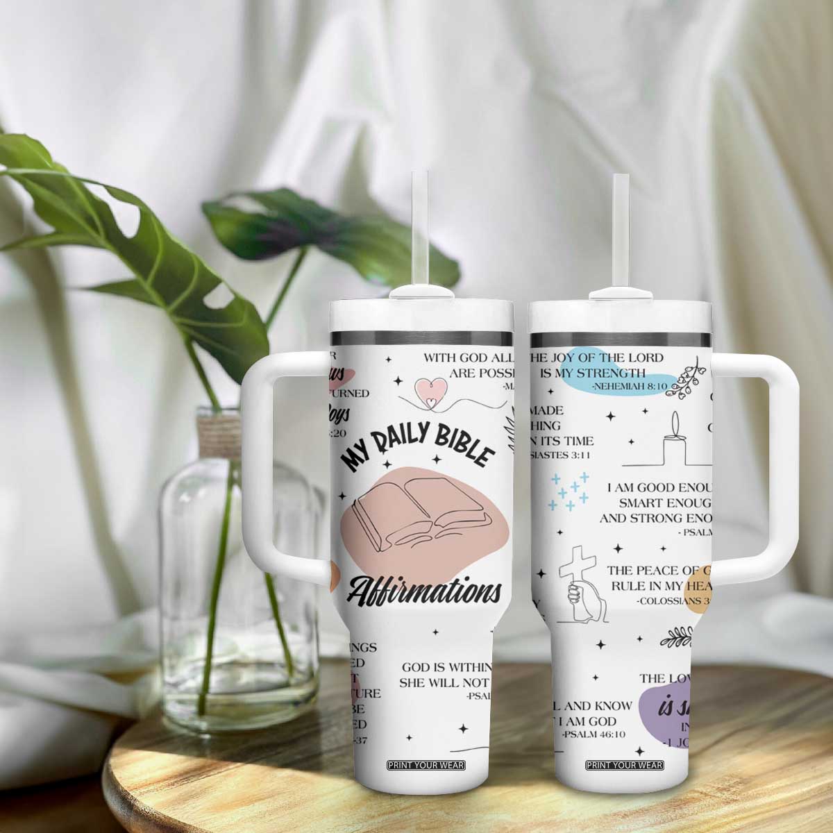 Daily Bible Affirmations Tumbler With Handle Christian Faith Motivation Uplifting Religious Gift TB02 Print Your Wear