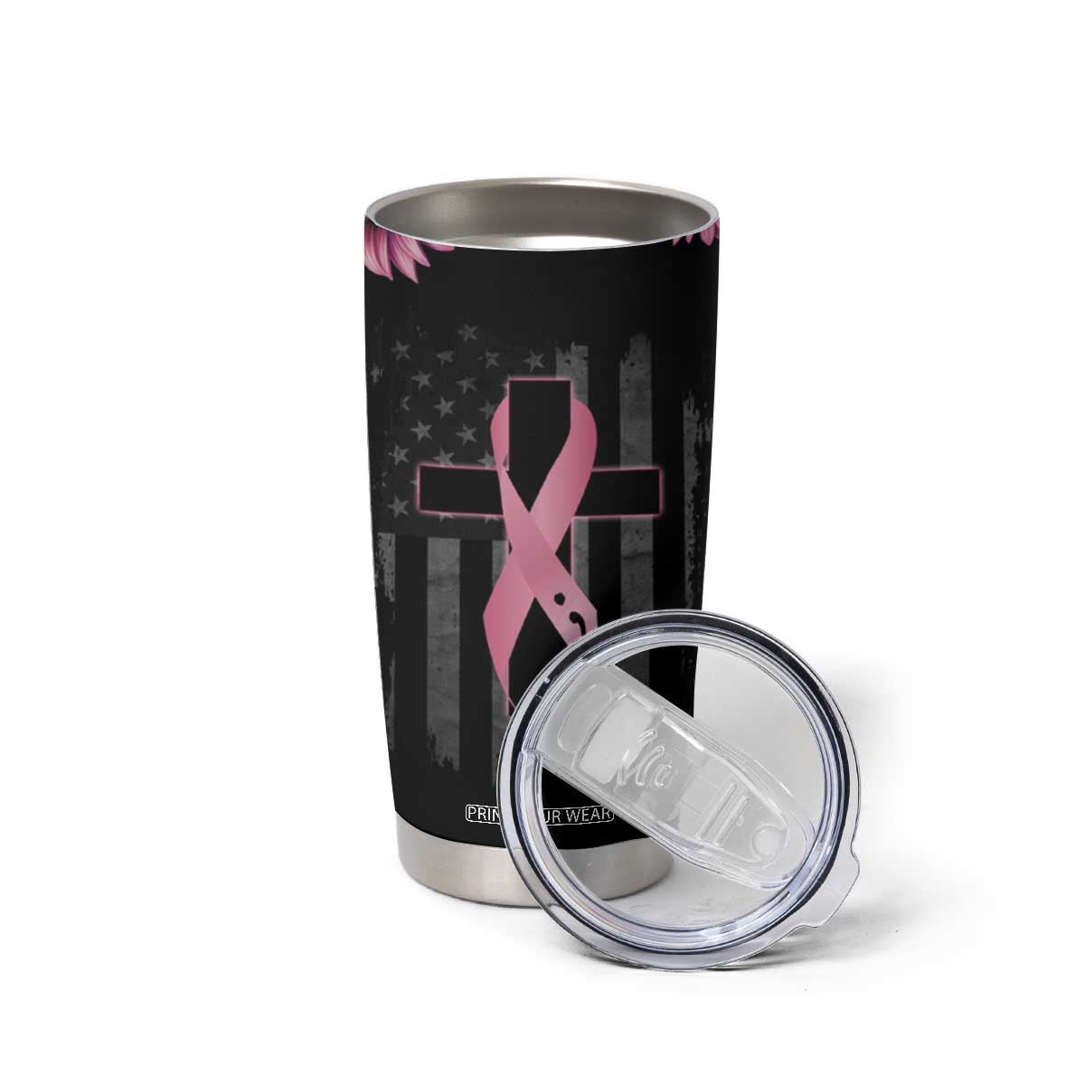 Personalized Breast Cancer Warrior Support Tumbler Cup Custom Name Pink Ribbon Sunflower American Flag TB02 Print Your Wear