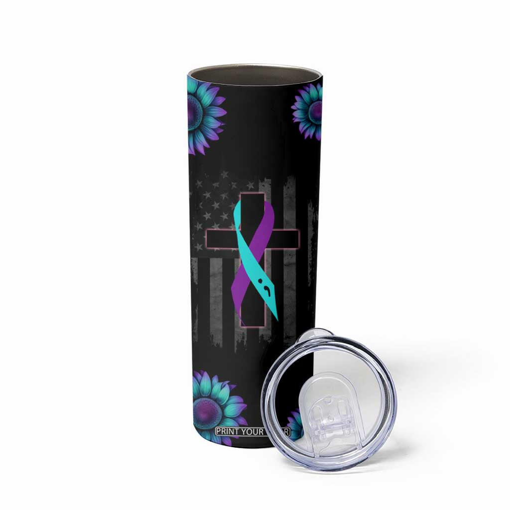 Personalized Suicide Prevention Awareness Skinny Tumbler Custom Name Teal and Purple Ribbon Sunflower American Flag TB02 Print Your Wear