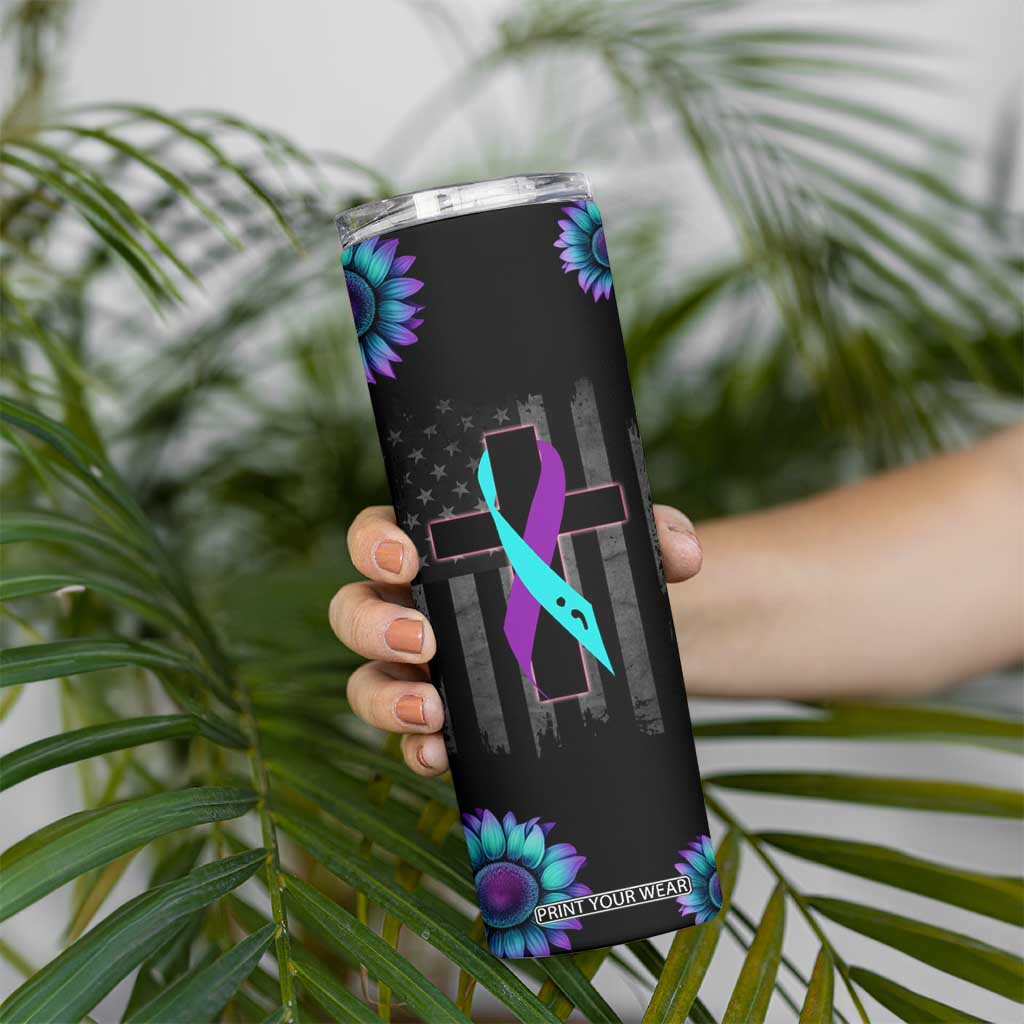 Personalized Suicide Prevention Awareness Skinny Tumbler Custom Name Teal and Purple Ribbon Sunflower American Flag TB02 Print Your Wear