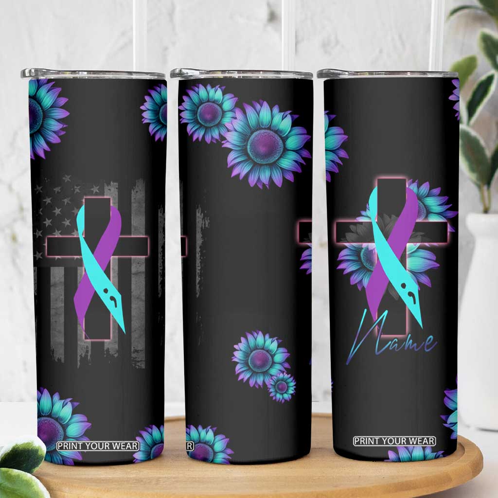 Personalized Suicide Prevention Awareness Skinny Tumbler Custom Name Teal and Purple Ribbon Sunflower American Flag TB02 Print Your Wear