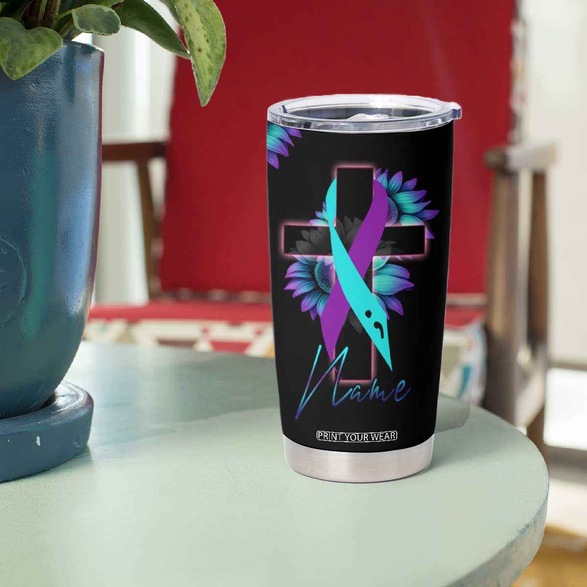 Personalized Suicide Prevention Awareness Tumbler Cup Custom Name Teal and Purple Ribbon Sunflower American Flag TB02 Print Your Wear
