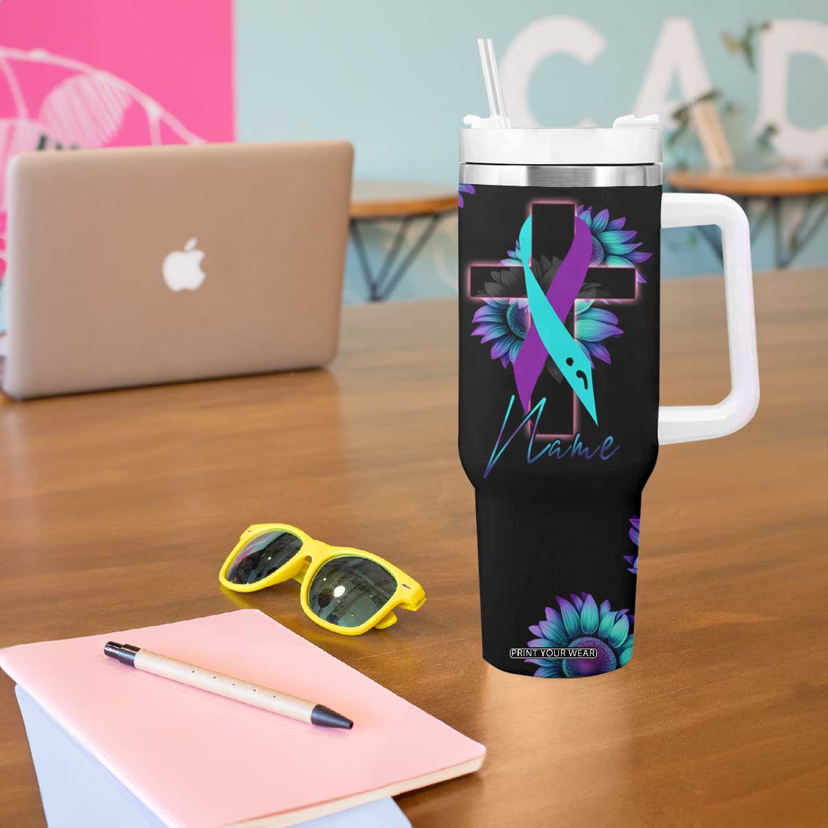 Personalized Suicide Prevention Awareness Tumbler With Handle Custom Name Teal and Purple Ribbon Sunflower American Flag TB02 Print Your Wear