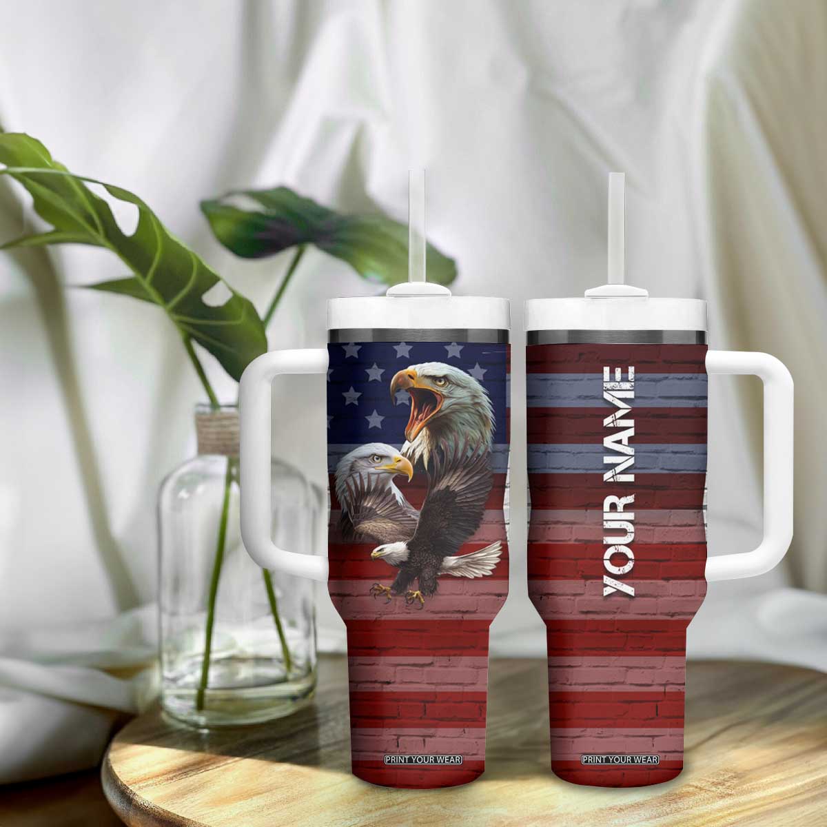 Personalized Eagle American Flag Tumbler With Handle Custom Name Patriotic Gifts For Men TB09 Print Your Wear