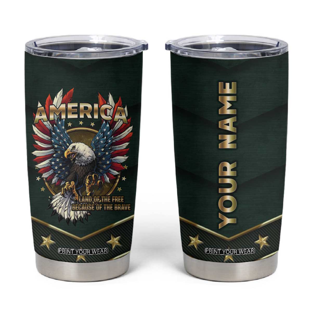 Personalized American Patriot Tumbler Cup Custom Name Land Of The Free Because Of The Brave TB09 Millitary Print Your Wear